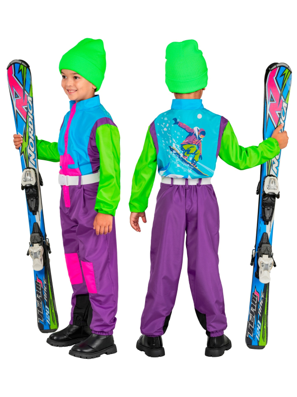 Combinaison de ski enfant rétro années 80 violet-bleu-vert fluo – Déguisement après-ski & carnaval