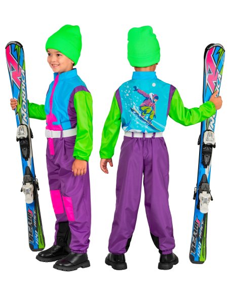 Combinaison de ski enfant rétro années 80 violet-bleu-vert fluo – Déguisement après-ski & carnaval