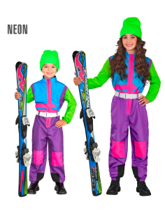 Combinaison de ski enfant rétro années 80 violet-bleu-vert fluo – Déguisement après-ski & carnaval