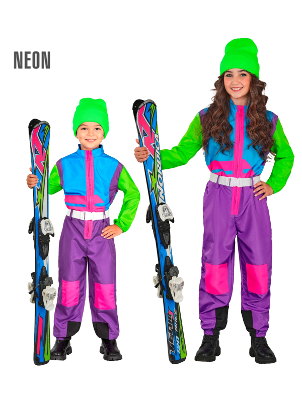 Combinaison de ski enfant rétro années 80 violet-bleu-vert fluo – Déguisement après-ski & carnaval