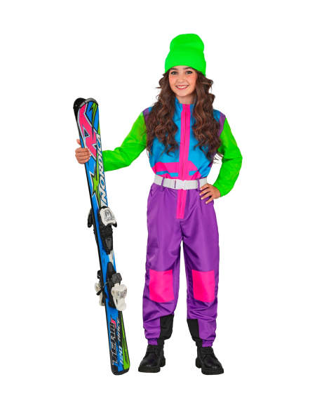 Combinaison de ski enfant rétro années 80 violet-bleu-vert fluo – Déguisement après-ski & carnaval