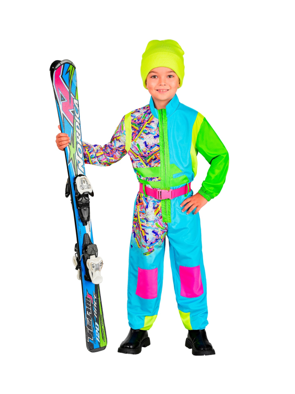 Déguisement de Ski Enfant Mixte Bleu-Vert Fluo Années 80 – Combinaison + Ceinture (4/5 à 14/16 ans)
