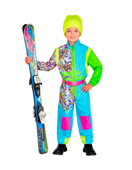 Déguisement de Ski Enfant Mixte Bleu-Vert Fluo Années 80 – Combinaison + Ceinture (4/5 à 14/16 ans)