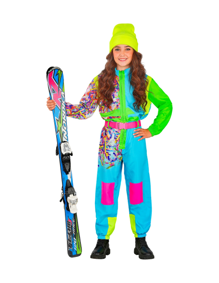 Déguisement de Ski Enfant Mixte Bleu-Vert Fluo Années 80 – Combinaison + Ceinture (4/5 à 14/16 ans)