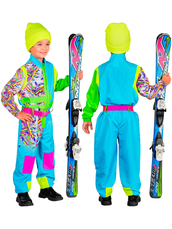 Déguisement de Ski Enfant Mixte Bleu-Vert Fluo Années 80 – Combinaison + Ceinture (4/5 à 14/16 ans)
