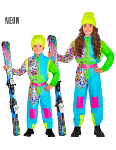 Déguisement de Ski Enfant Mixte Bleu-Vert Fluo Années 80 – Combinaison + Ceinture (4/5 à 14/16 ans)