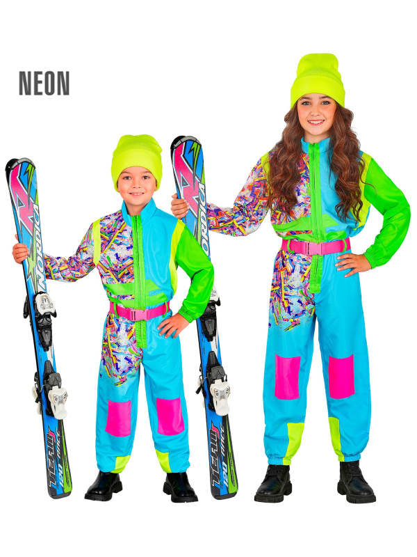 Déguisement de Ski Enfant Mixte Bleu-Vert Fluo Années 80 – Combinaison + Ceinture (4/5 à 14/16 ans)