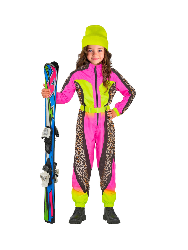 Combinaison de ski léopard rose & jaune néon fille/ado – Années 80 (avec ceinture)