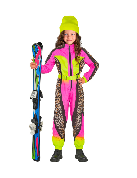 Combinaison de ski léopard rose & jaune néon fille/ado – Années 80 (avec ceinture)