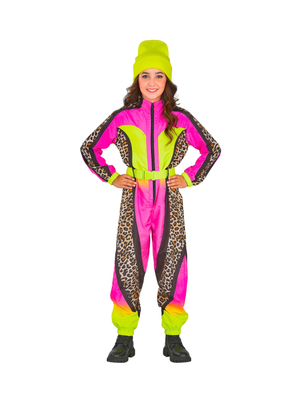 Combinaison de ski léopard rose & jaune néon fille/ado – Années 80 (avec ceinture)