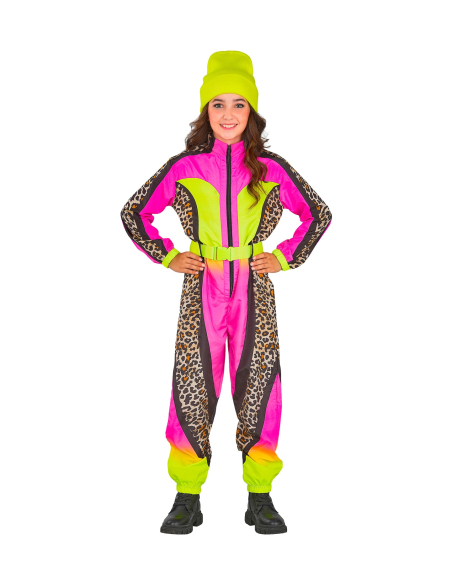 Combinaison de ski léopard rose & jaune néon fille/ado – Années 80 (avec ceinture)