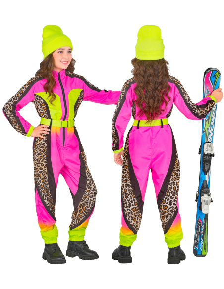 Combinaison de ski léopard rose & jaune néon fille/ado – Années 80 (avec ceinture)