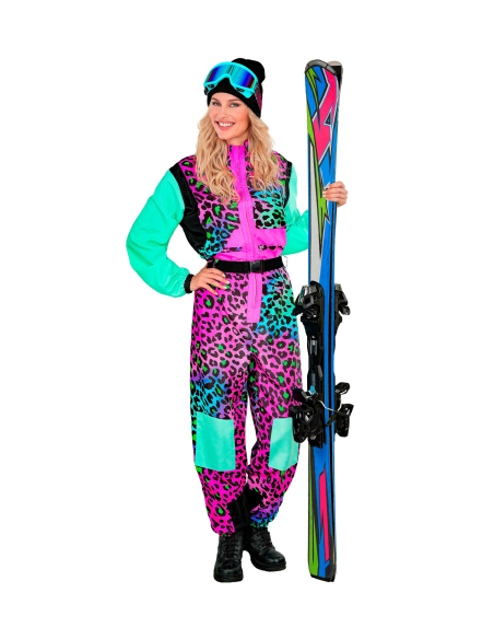 Combinaison de ski léopard multicolore fluo adulte – Années 80 (S à XXL)