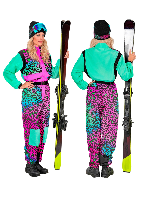 Combinaison de ski léopard multicolore fluo adulte – Années 80 (S à XXL)