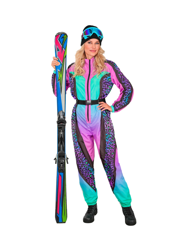 Déguisement Combinaison de ski années 80 femme – Fluo léopard violet & turquoise (S à XXL)