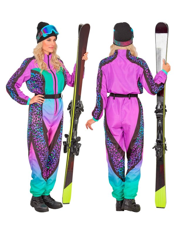 Déguisement Combinaison de ski années 80 femme – Fluo léopard violet & turquoise (S à XXL)
