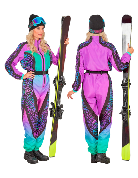 Déguisement Combinaison de ski années 80 femme – Fluo léopard violet & turquoise (S à XXL)