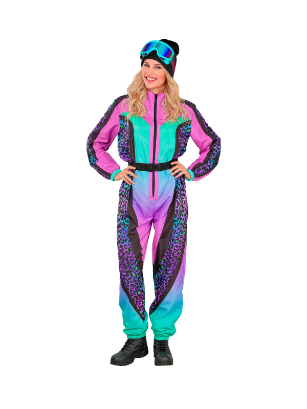 Déguisement Combinaison de ski années 80 femme – Fluo léopard violet & turquoise (S à XXL)