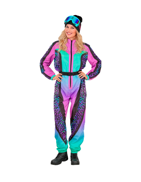 Déguisement Combinaison de ski années 80 femme – Fluo léopard violet & turquoise (S à XXL)