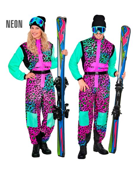 Combinaison de ski léopard multicolore fluo adulte – Années 80 (S à XXL)