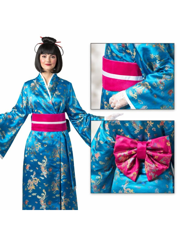 Kimono Bleu Femme – Déguisement Geisha Traditionnel avec Obi XXL