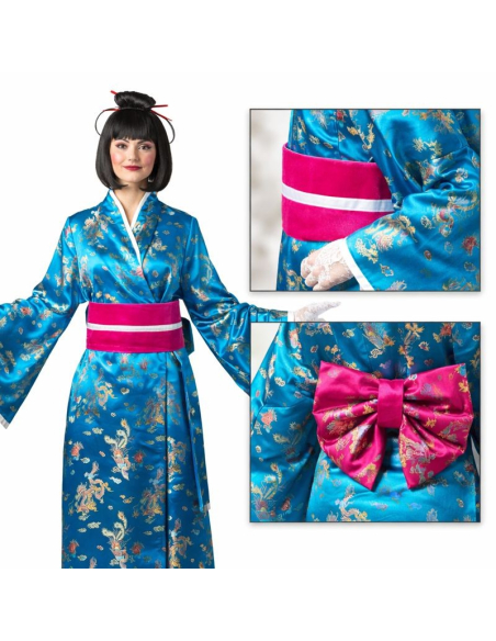 Kimono Bleu Femme – Déguisement Geisha Traditionnel avec Obi XXL