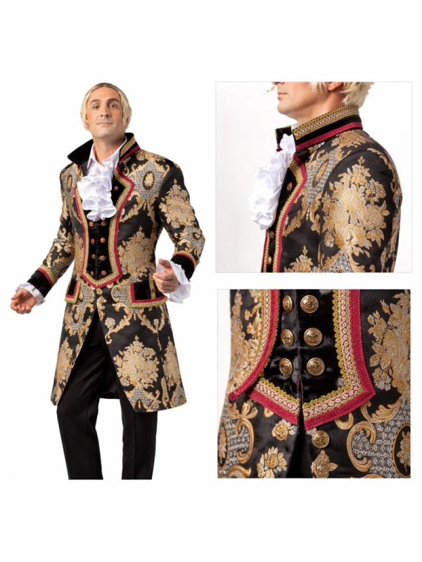 Veste Baroque Homme en Brocart Noir & Or – Costume Marquis Premium
