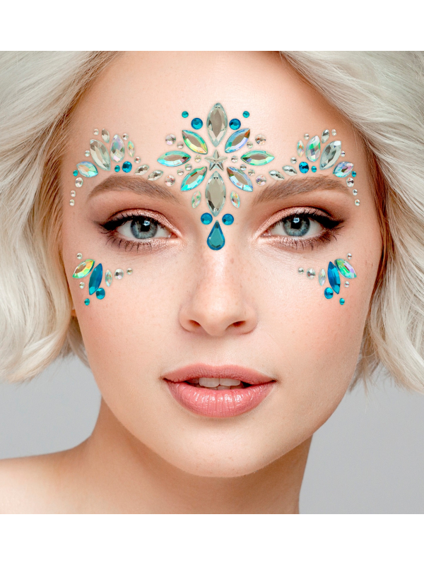 Bijoux visage Princesse des Glaces – Strass visage bleus & argentés