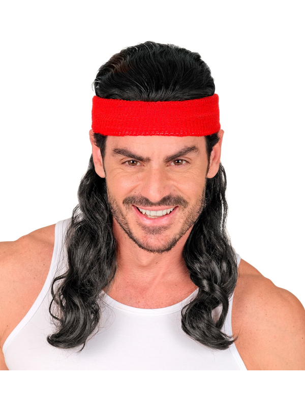Bandeau rouge avec cheveux noirs frisés – Accessoire look années 80 pour adulte
