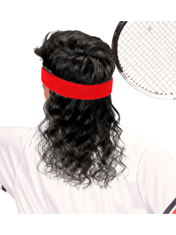 Bandeau rouge avec cheveux noirs frisés – Accessoire look années 80 pour adulte