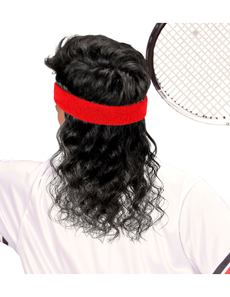 Bandeau rouge avec cheveux noirs frisés – Accessoire look années 80 pour adulte