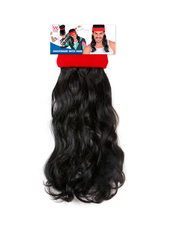 Bandeau rouge avec cheveux noirs frisés – Accessoire look années 80 pour adulte