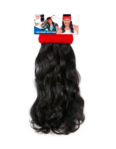 Bandeau rouge avec cheveux noirs frisés – Accessoire look années 80 pour adulte