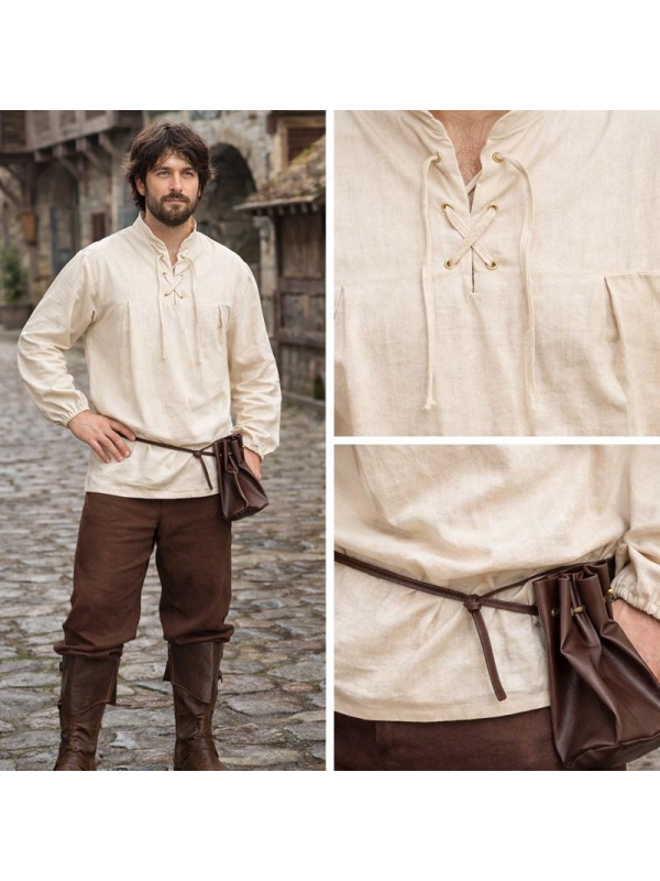 Tenue médiévale homme – Chemise écrue à lacets & pantalon brun (46 au 56)