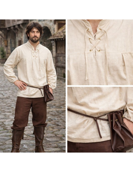 Tenue médiévale homme – Chemise écrue à lacets & pantalon brun (46 au 56)