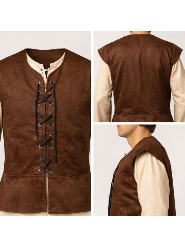 Gilet médiéval marron homme – Gilet à laçage avec revers (46 au 60)