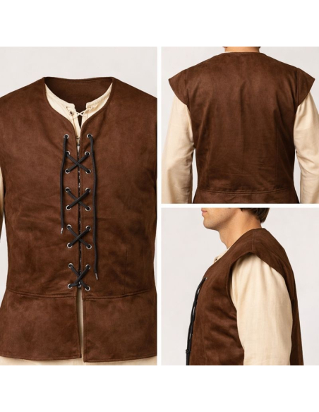 Gilet médiéval marron homme – Gilet à laçage avec revers (46 au 60)