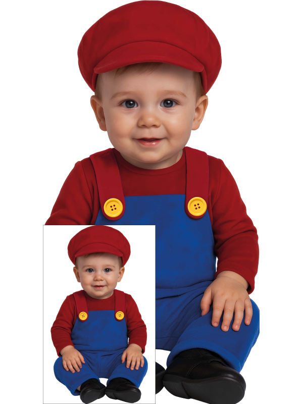 Déguisement bébé Petit Plombier Rouge & Bleu – Combinaison + chapeau (12 mois à 3 ans)