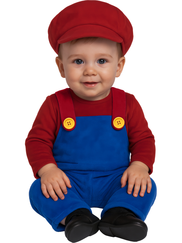 Déguisement bébé Petit Plombier Rouge & Bleu – Combinaison + chapeau (12 mois à 3 ans)