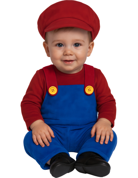 Déguisement bébé Petit Plombier Rouge & Bleu – Combinaison + chapeau (12 mois à 3 ans)