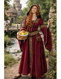 Costume médiéval femme rouge vin haute qualité – Robe à capuche + ceinture