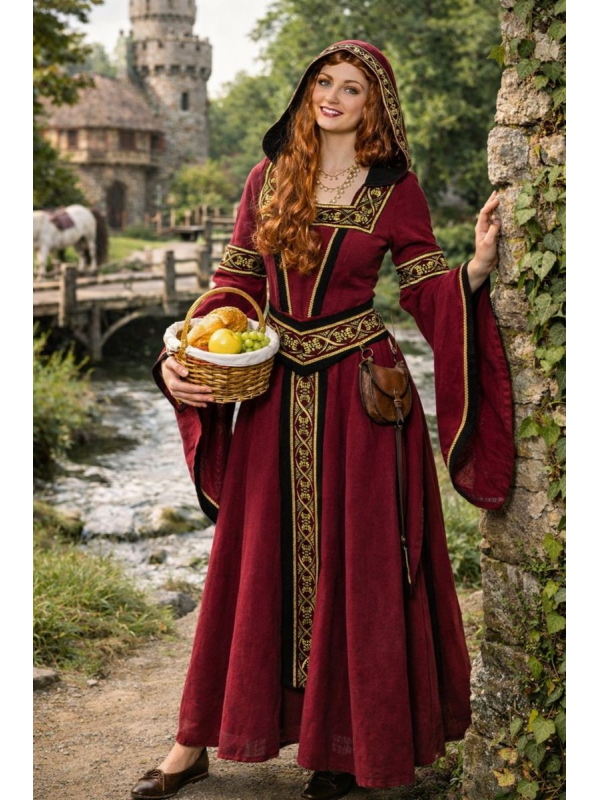 Costume médiéval femme rouge vin haute qualité – Robe à capuche + ceinture