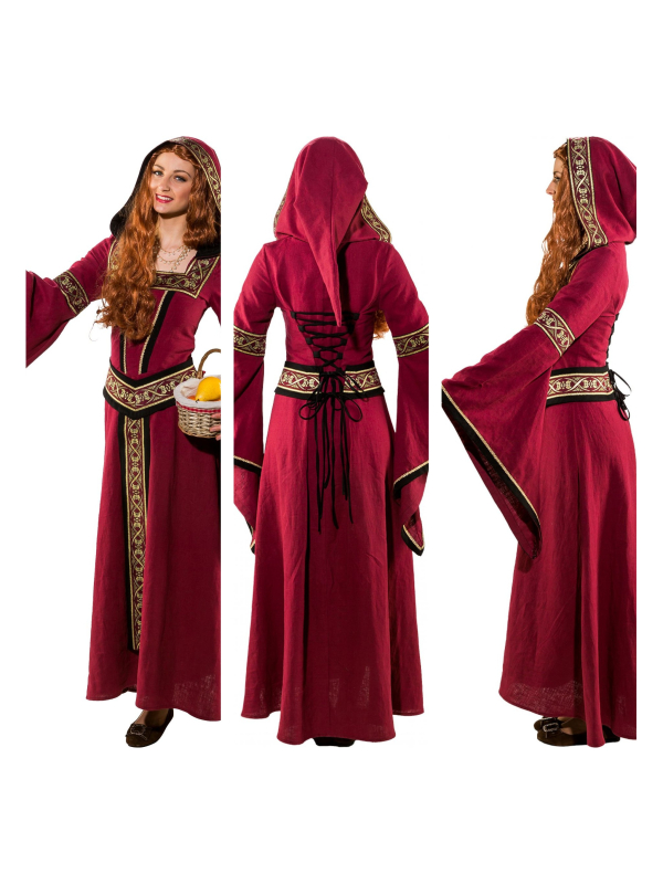 Costume médiéval femme rouge vin haute qualité – Robe à capuche + ceinture