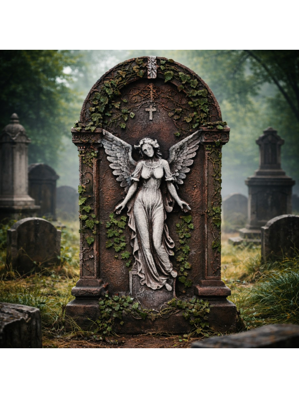 Pierre tombale Halloween ange gothique 91 cm – Déco cimetière avec lierre