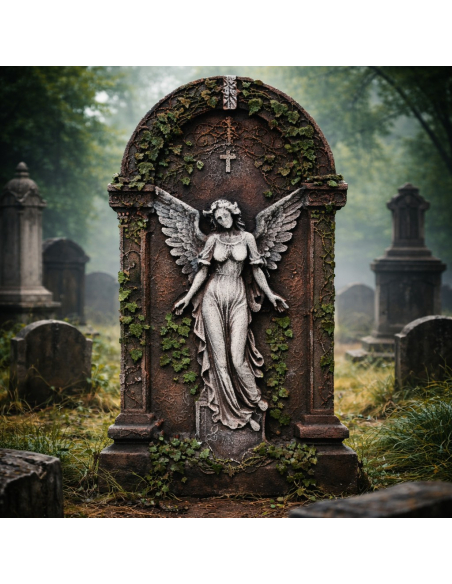 Pierre tombale Halloween ange gothique 91 cm – Déco cimetière avec lierre