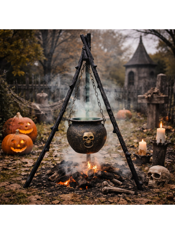 Chaudron Suspendu avec Trépied 140 cm – Décor de Sorcière Halloween Réaliste