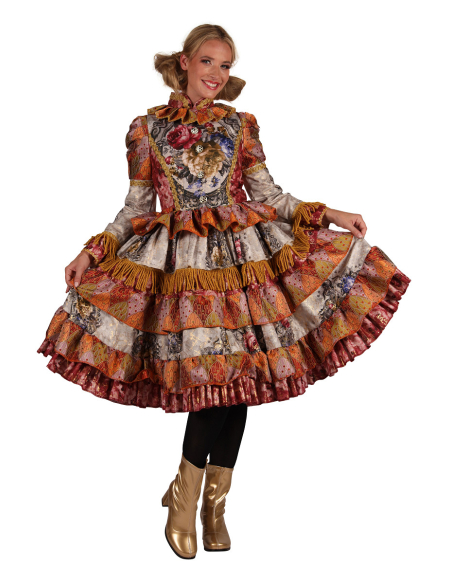 Robe Carnaval de Venise femme haut de gamme cuivré & doré – Col montant, galons & franges