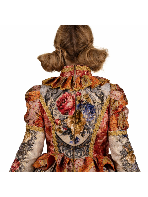 Robe Carnaval de Venise femme haut de gamme cuivré & doré – Col montant, galons & franges