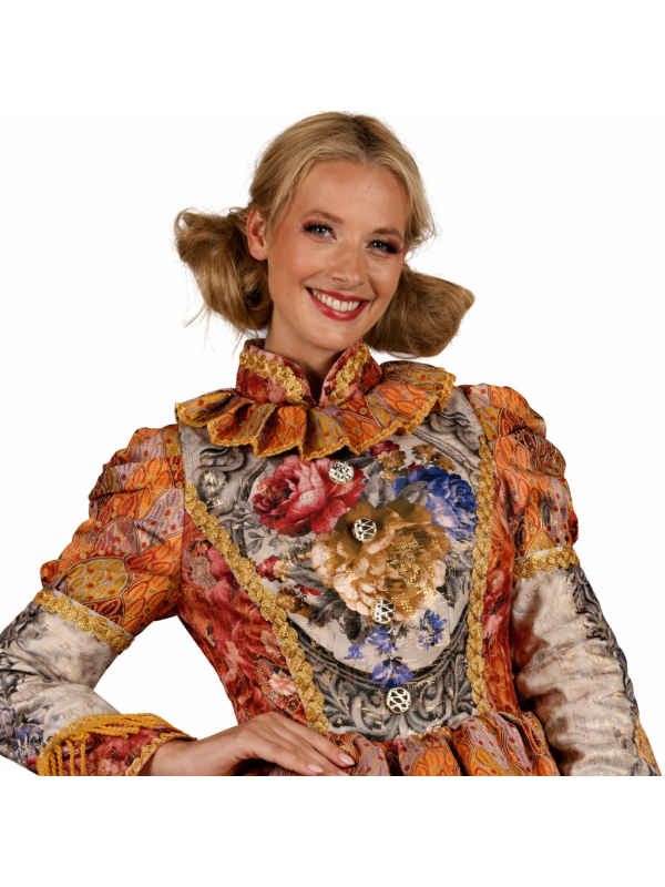 Robe Carnaval de Venise femme haut de gamme cuivré & doré – Col montant, galons & franges