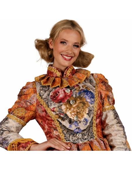 Robe Carnaval de Venise femme haut de gamme cuivré & doré – Col montant, galons & franges